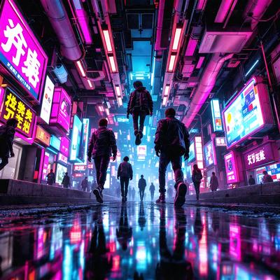 The image is a digital art piece featuring a group of people walking down a street in a futuristic city. The street is illuminated by neon lights, creating a vibrant and lively atmosphere. The people are walking in a line, with some of them appearing to be flying through the air. The scene is set in a city with tall buildings and a bustling environment. The visual style of the image is unique and captivating, making it stand out as a piece of digital art.
